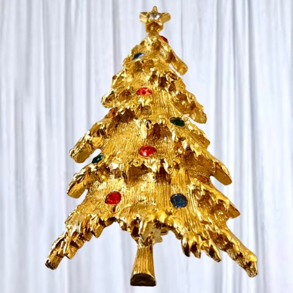 ART Arthur Pepper Vintage Christmas Tree Brooch Pin Gold Tone Rhinestones Signed